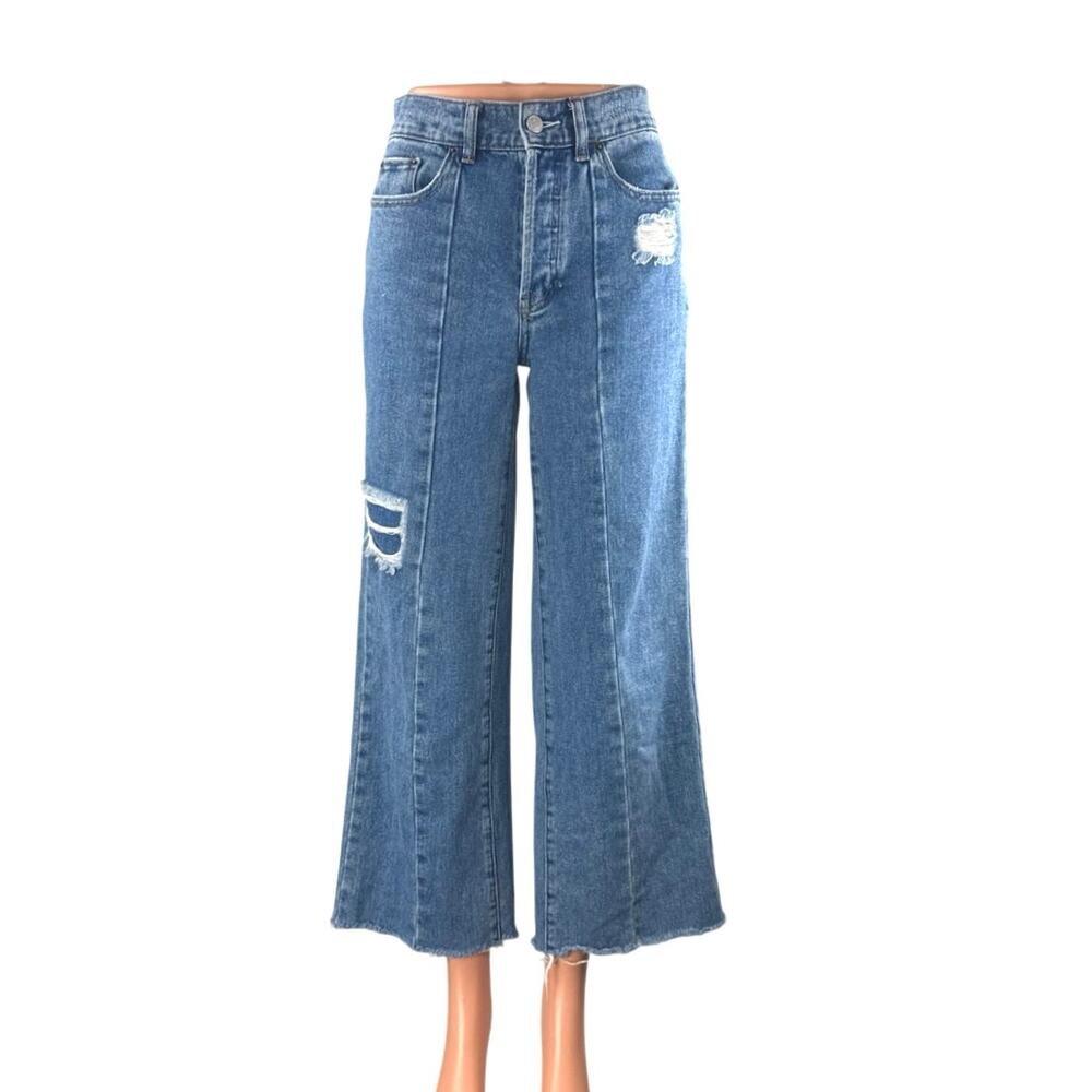 Pacsun Women's Blue Disressed High Rise Wide Leg Baggy Crop Denim Jeans Size 24